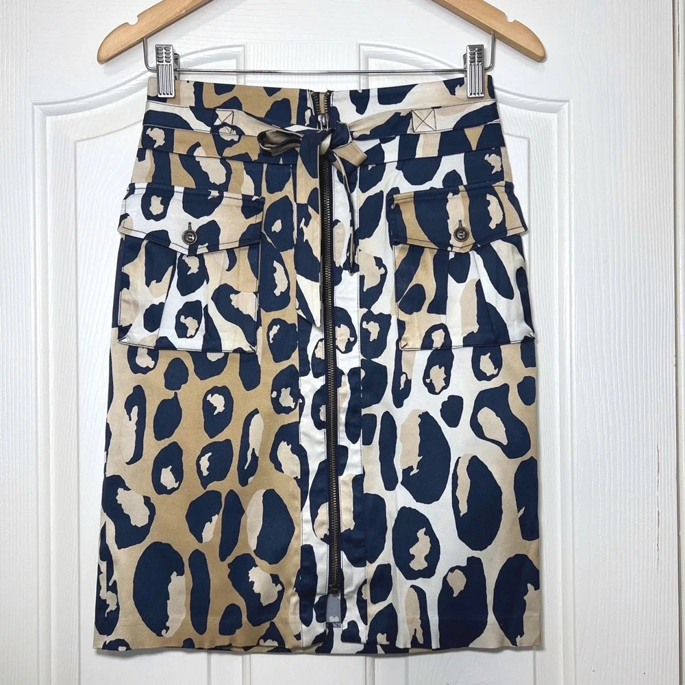 Diane von Furstenberg DVF Silk Leopard Print Cargo‎ Pencil Skirt Navy Tan Size 6